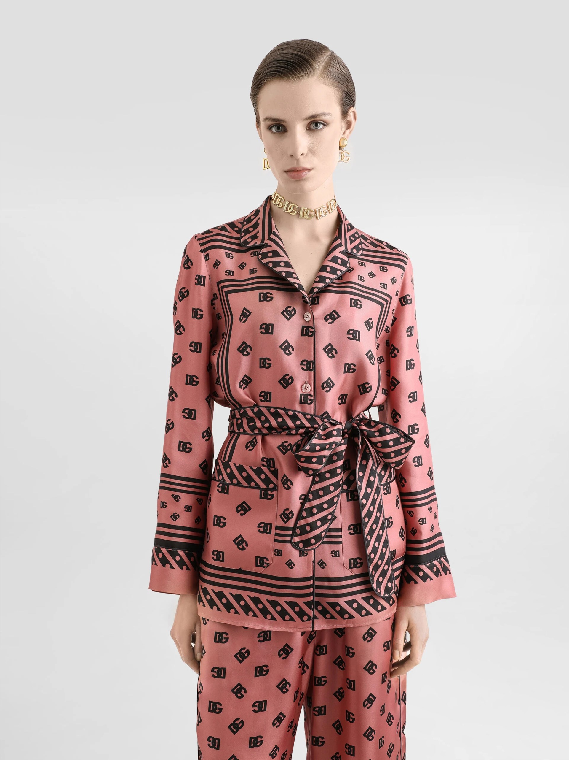 Dolce&Gabbana Silk twill pajama shirt with all-over DG logo scarf print