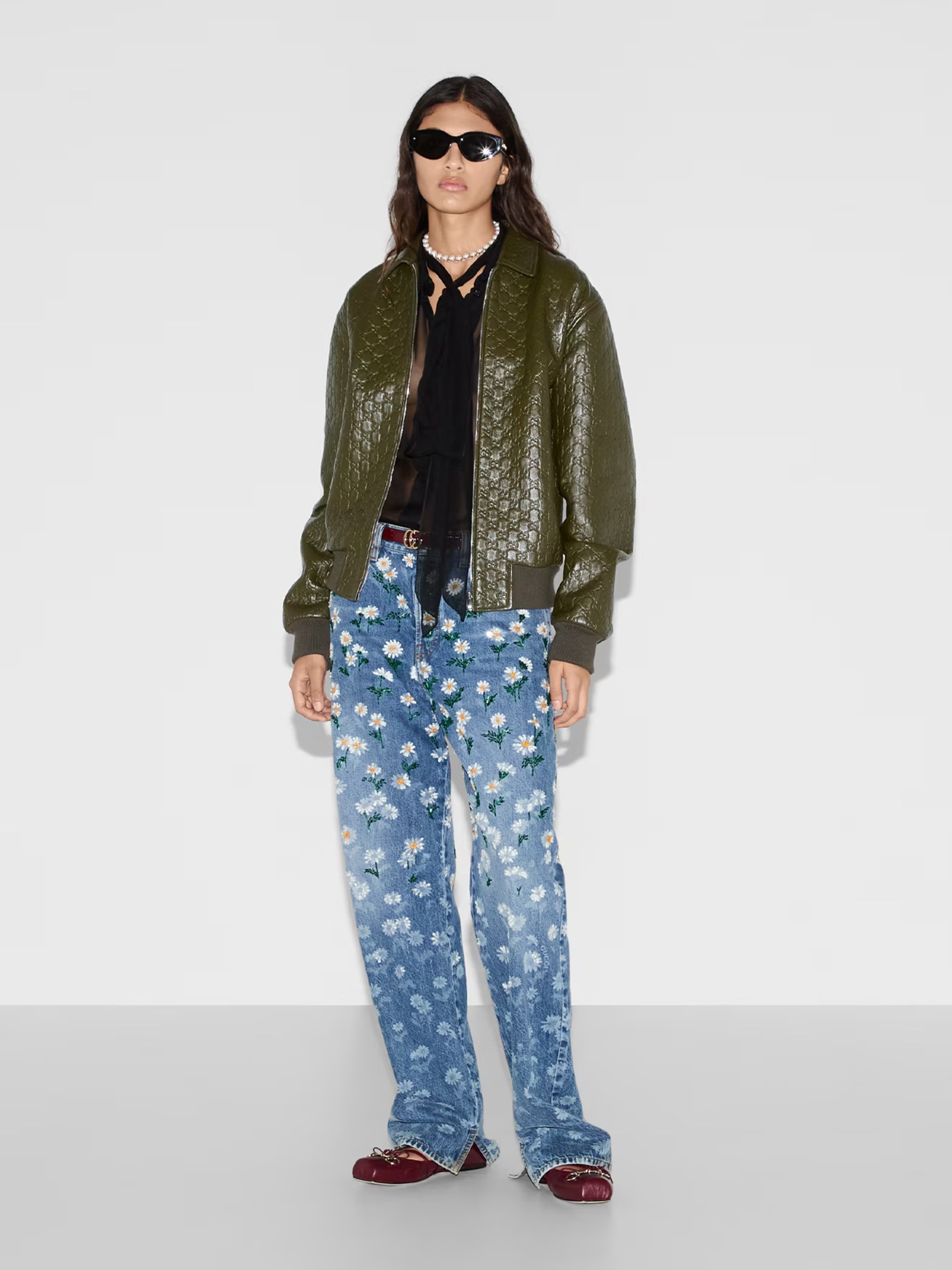 Gucci embossed GG leather bomber jacket
