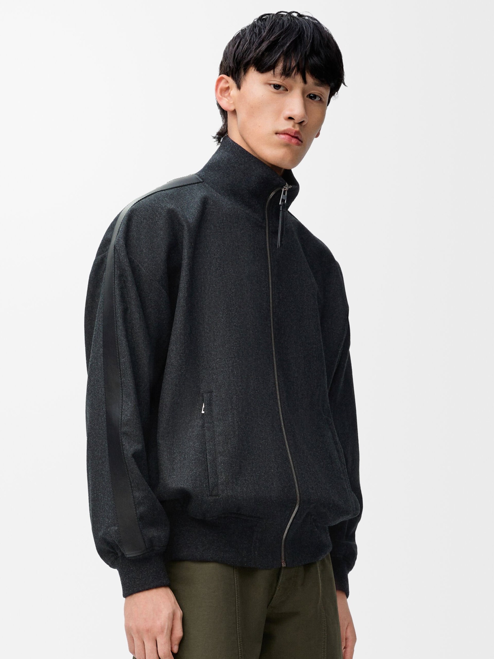 Men's gray Loewe bomber jacket with leather insert on sleeves with Anagram embossing