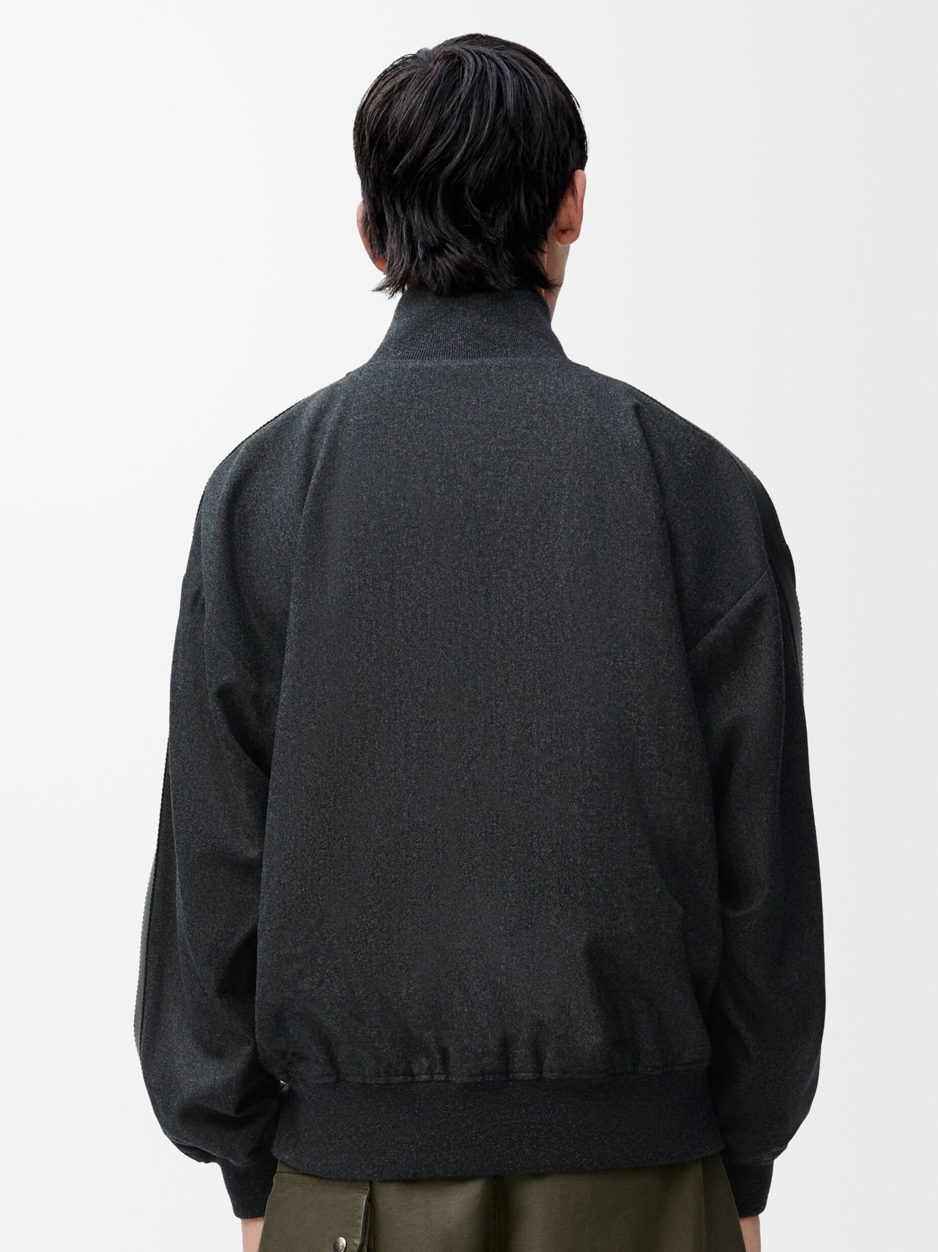Men's gray Loewe bomber jacket with leather insert on sleeves with Anagram embossing