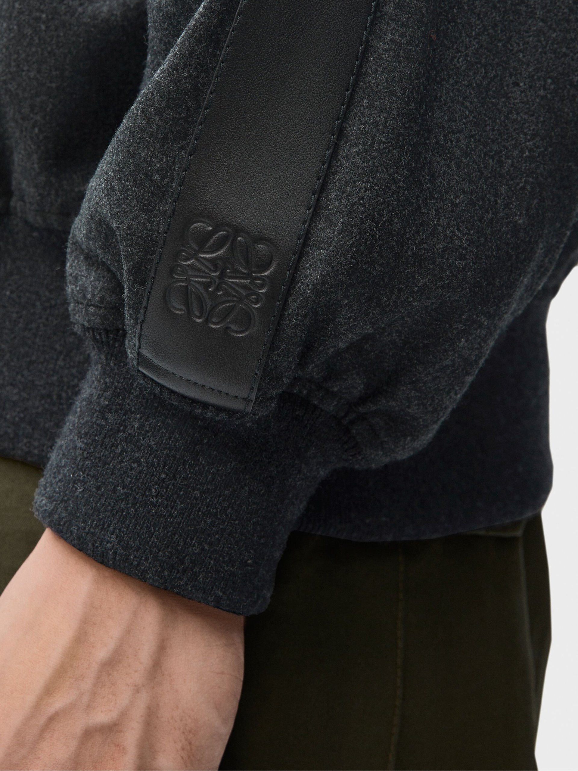 Men's gray Loewe bomber jacket with leather insert on sleeves with Anagram embossing