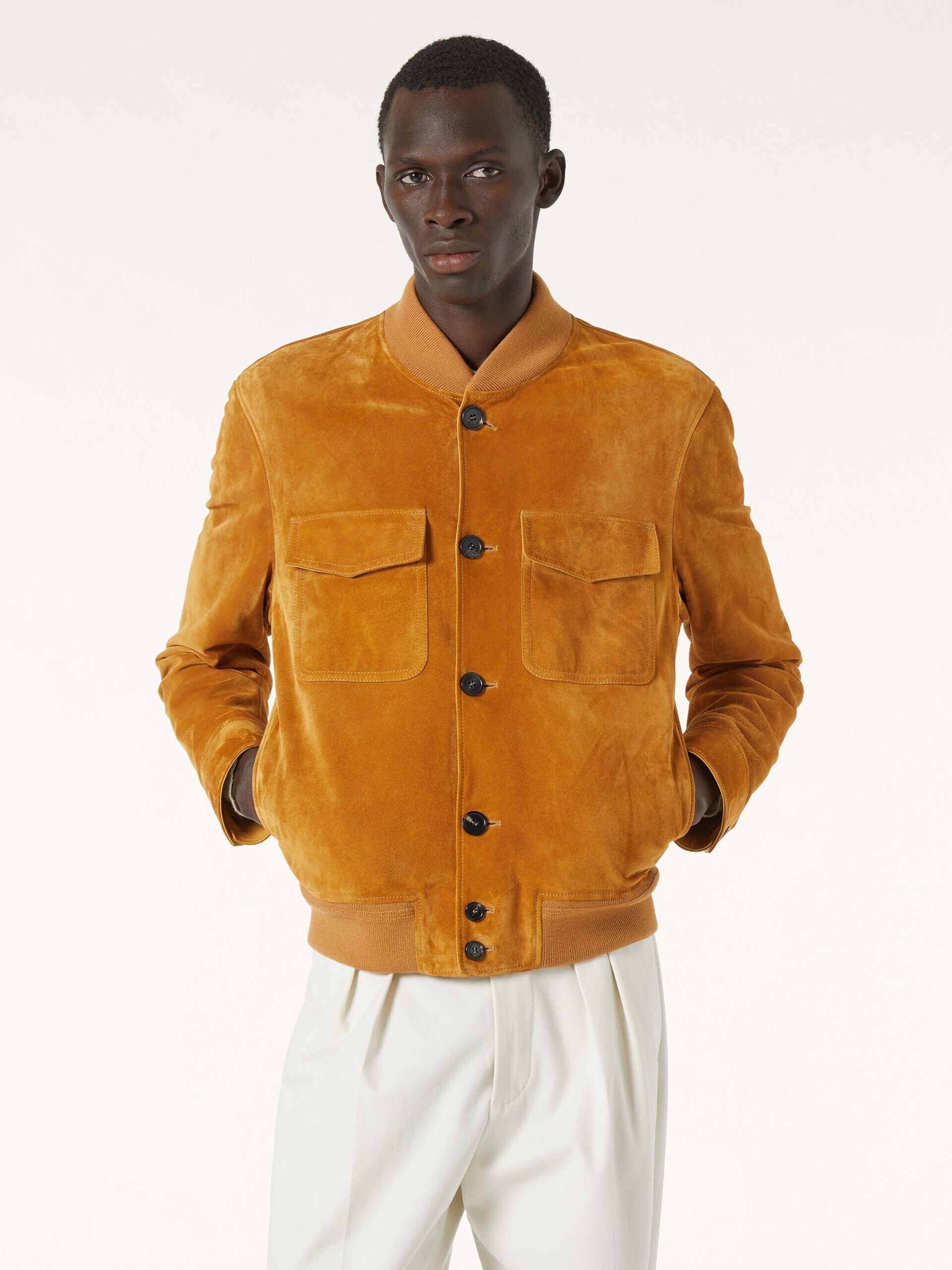 Men's orange Loro Piana Kiku suede bomber jacket