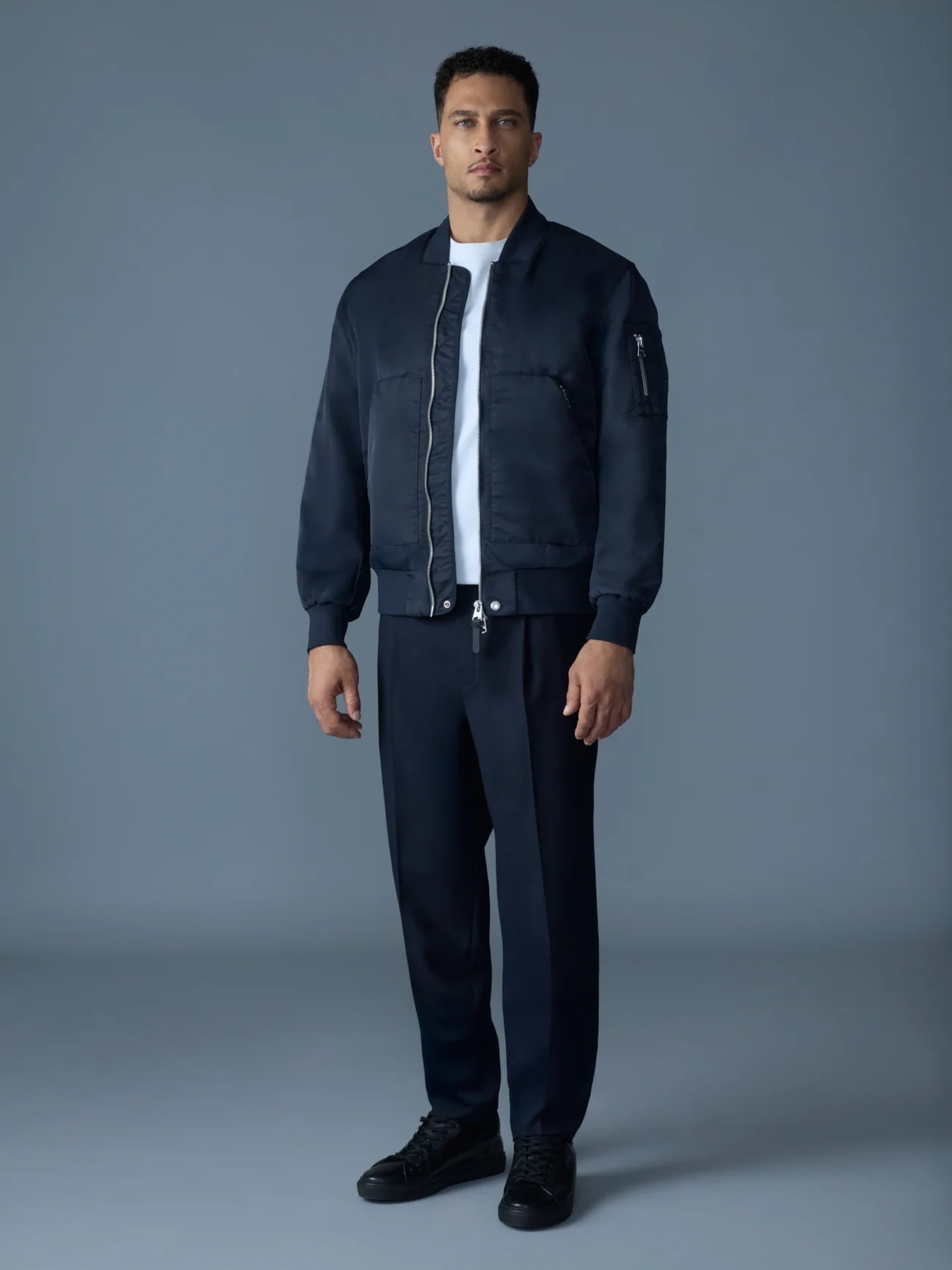 Mackage Emilio Men's Navy Satin Bomber Jacket