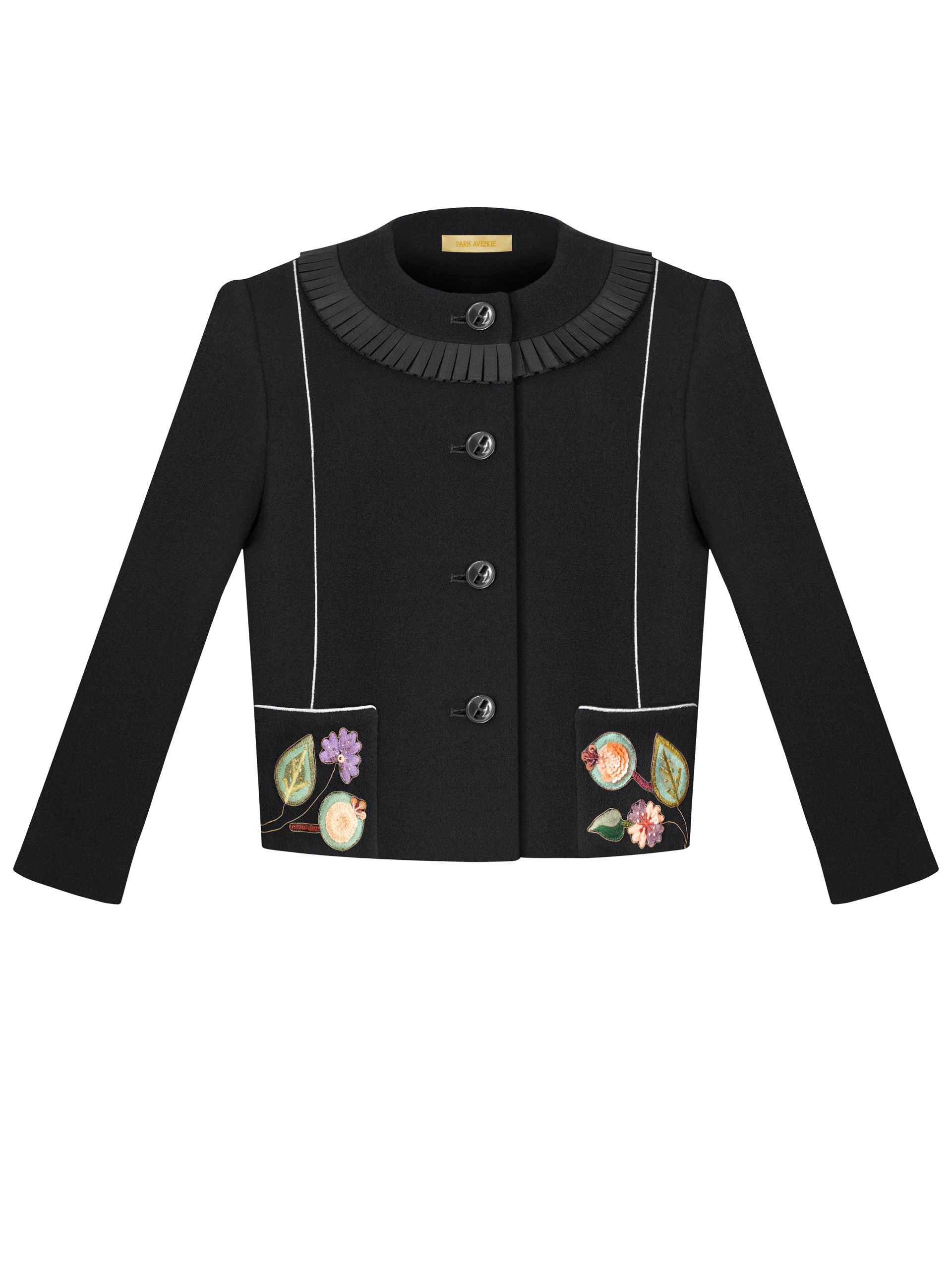 Park Avenue Atelier black wool jacket with hand-embroidered details