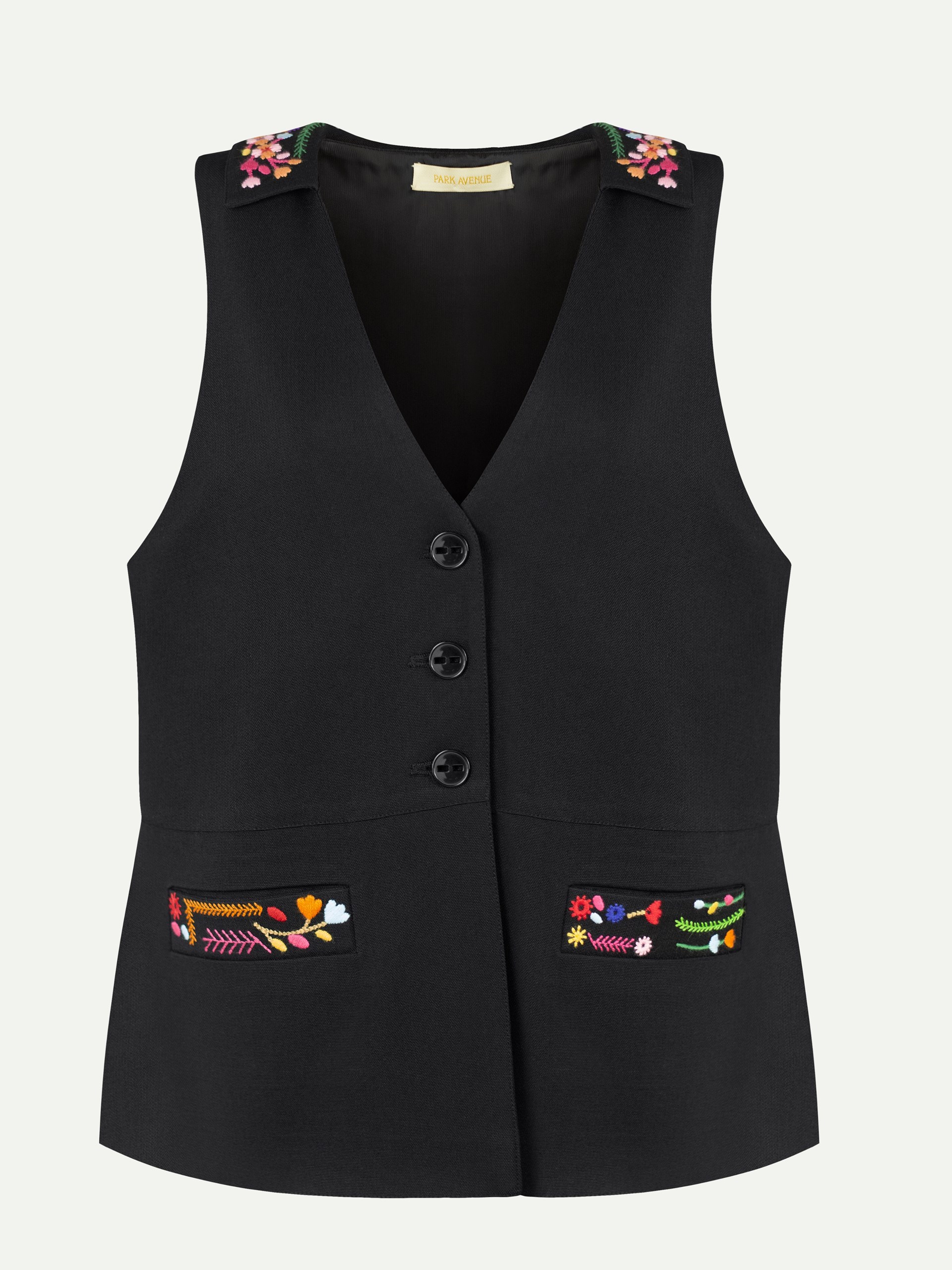 Park Avenue Atelier black fitted sleeveless jacket with hand embroidery