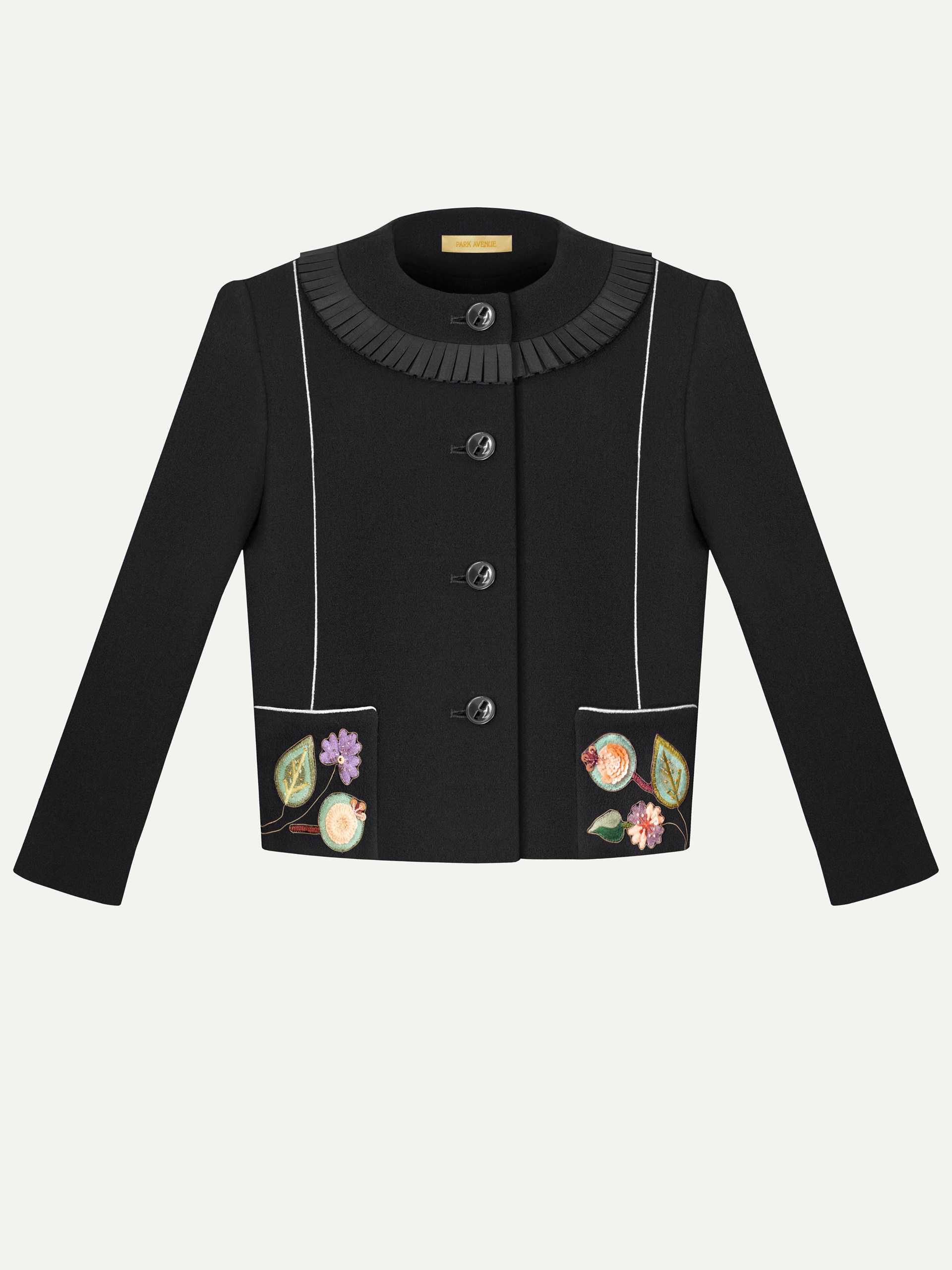Park Avenue Atelier black wool jacket with hand-embroidered details