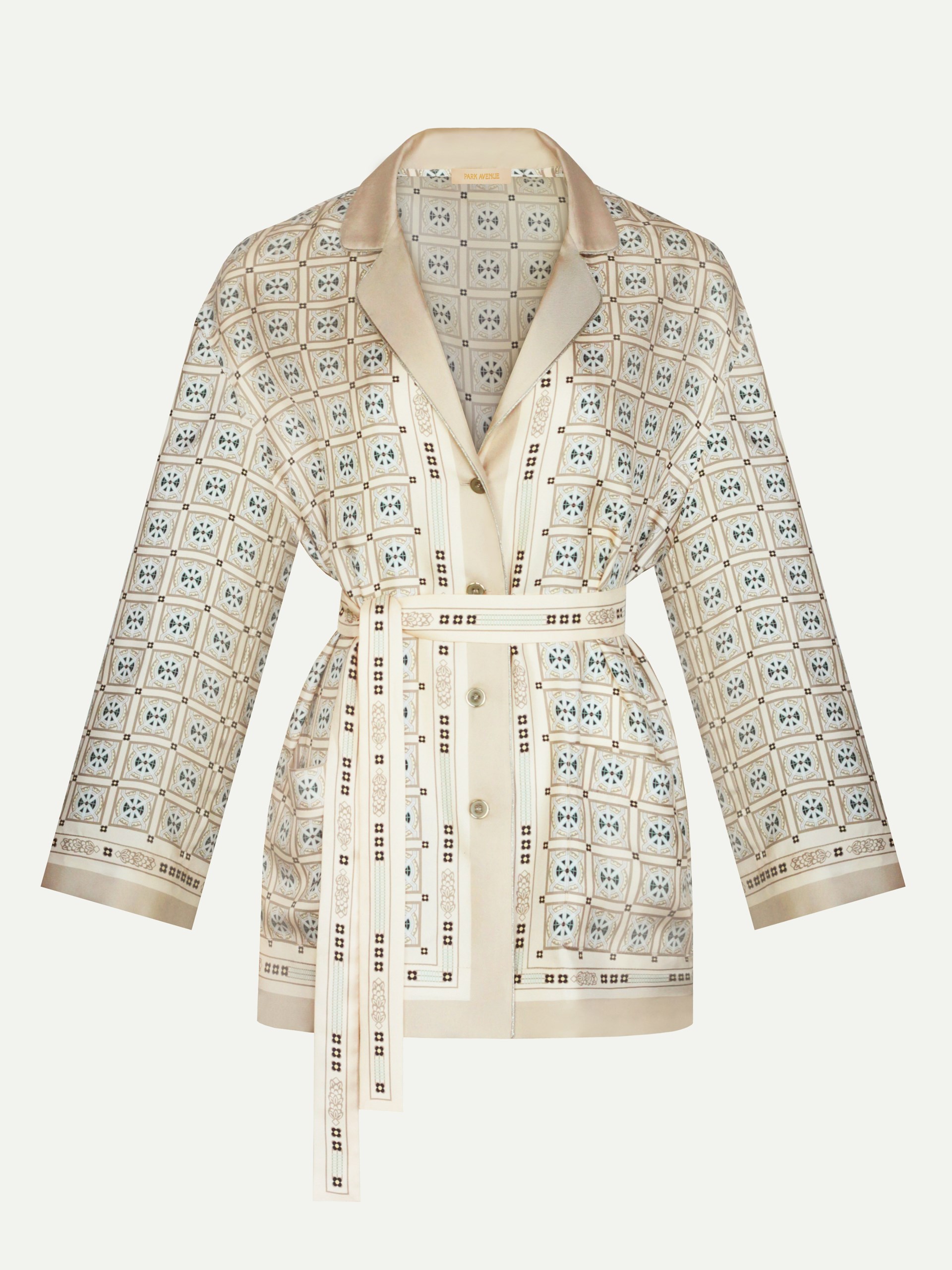 Beige silk suit set Park Avenue Atelier with designer print