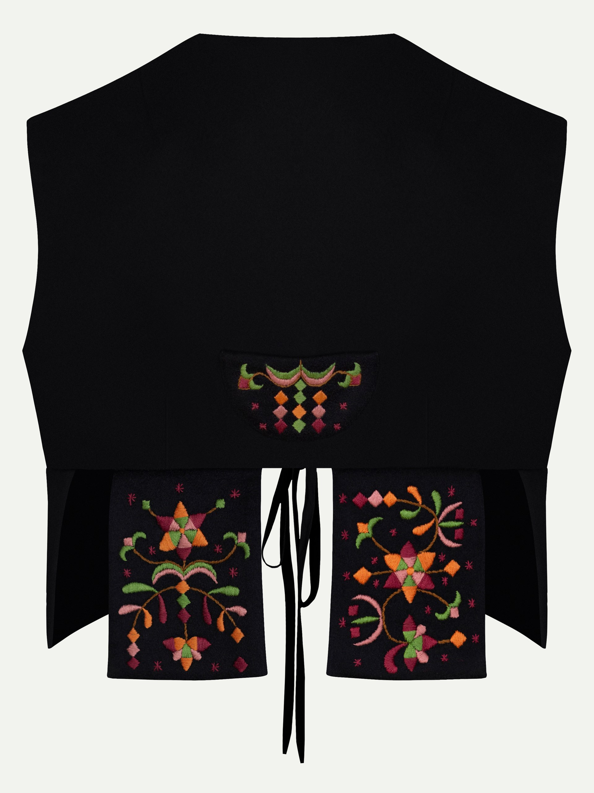 Park Avenue Atelier black wool vest with hand-embroidered details
