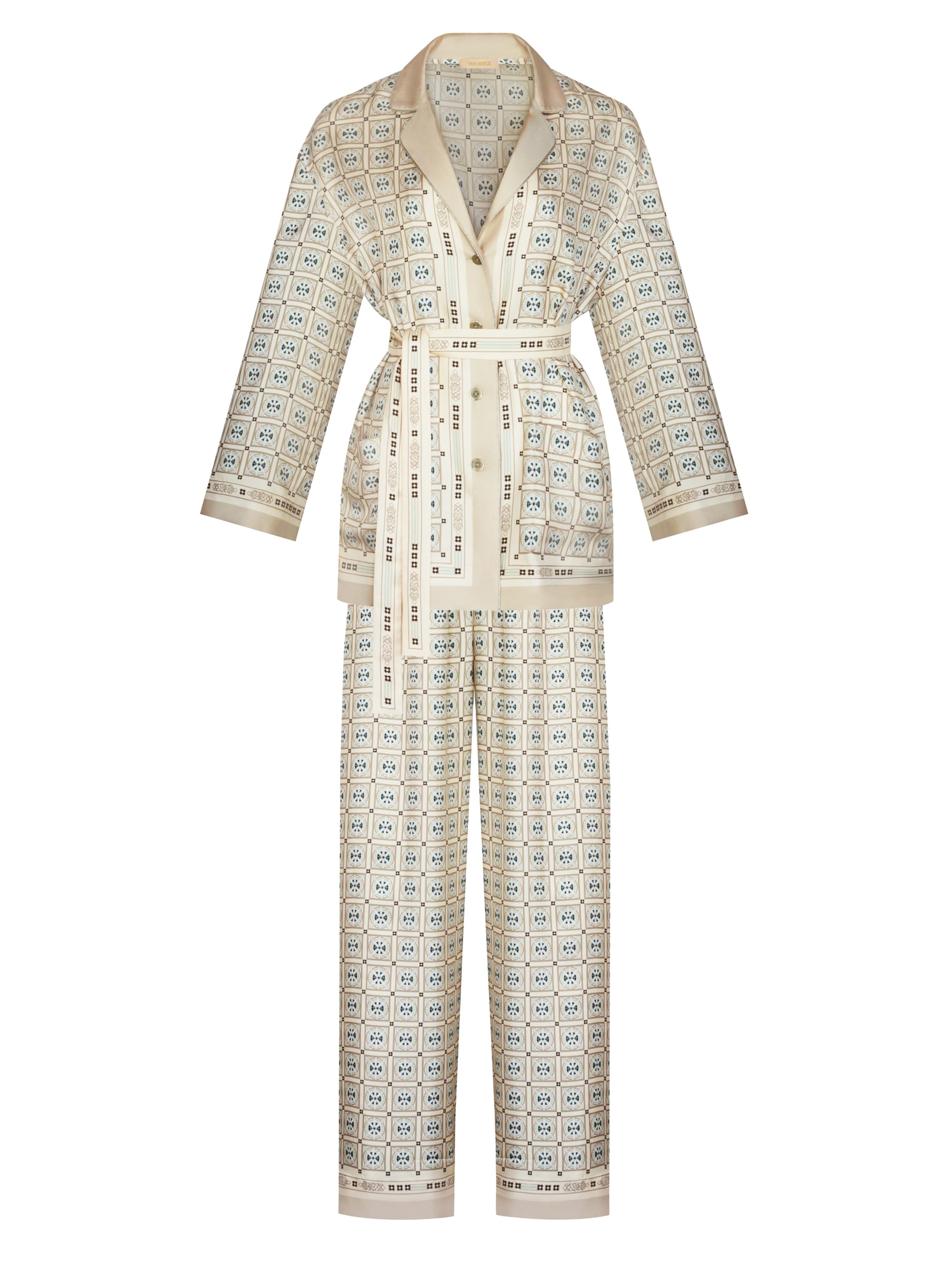 Beige silk suit set Park Avenue Atelier with designer print