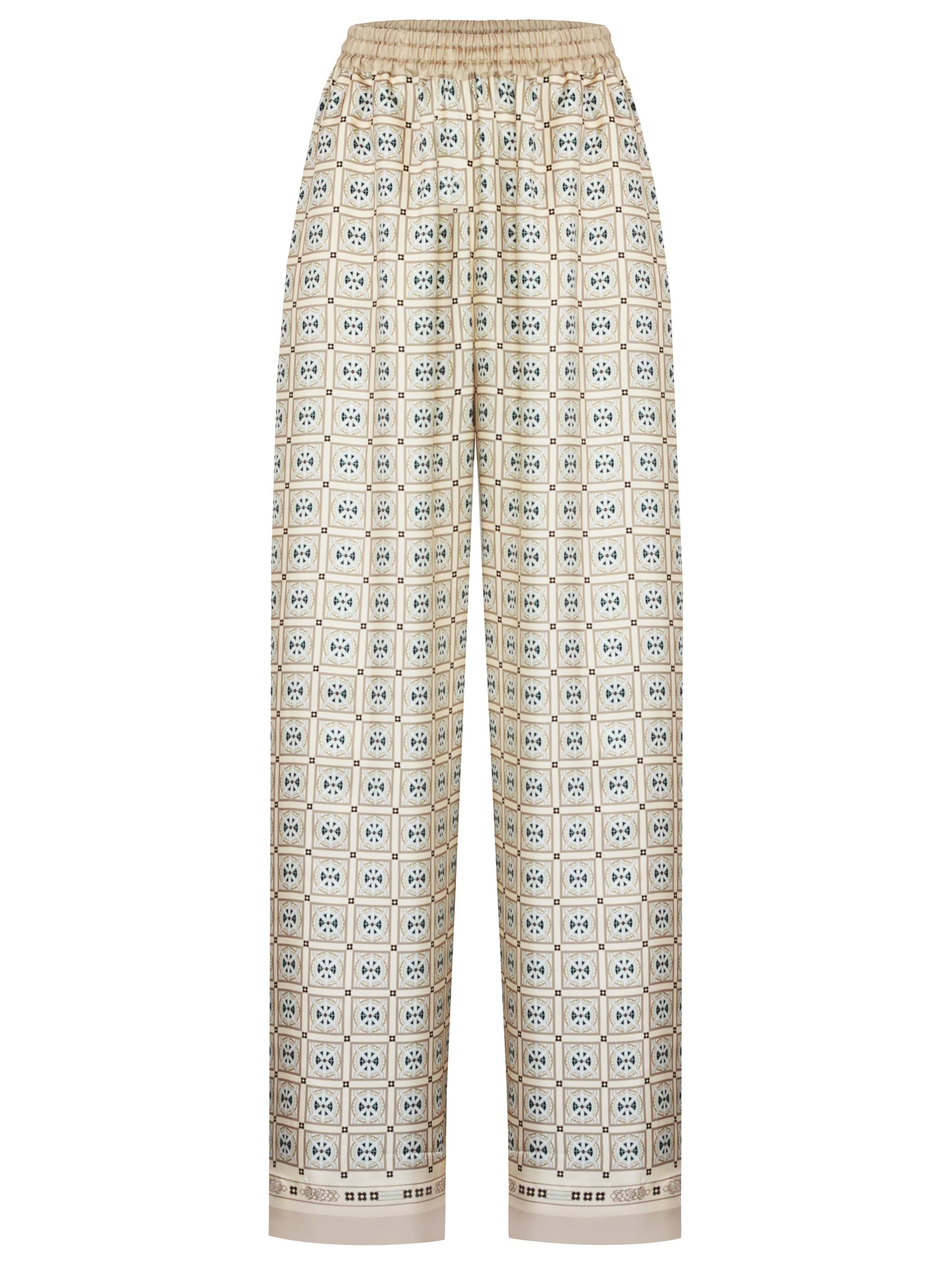 Beige silk suit set Park Avenue Atelier with designer print
