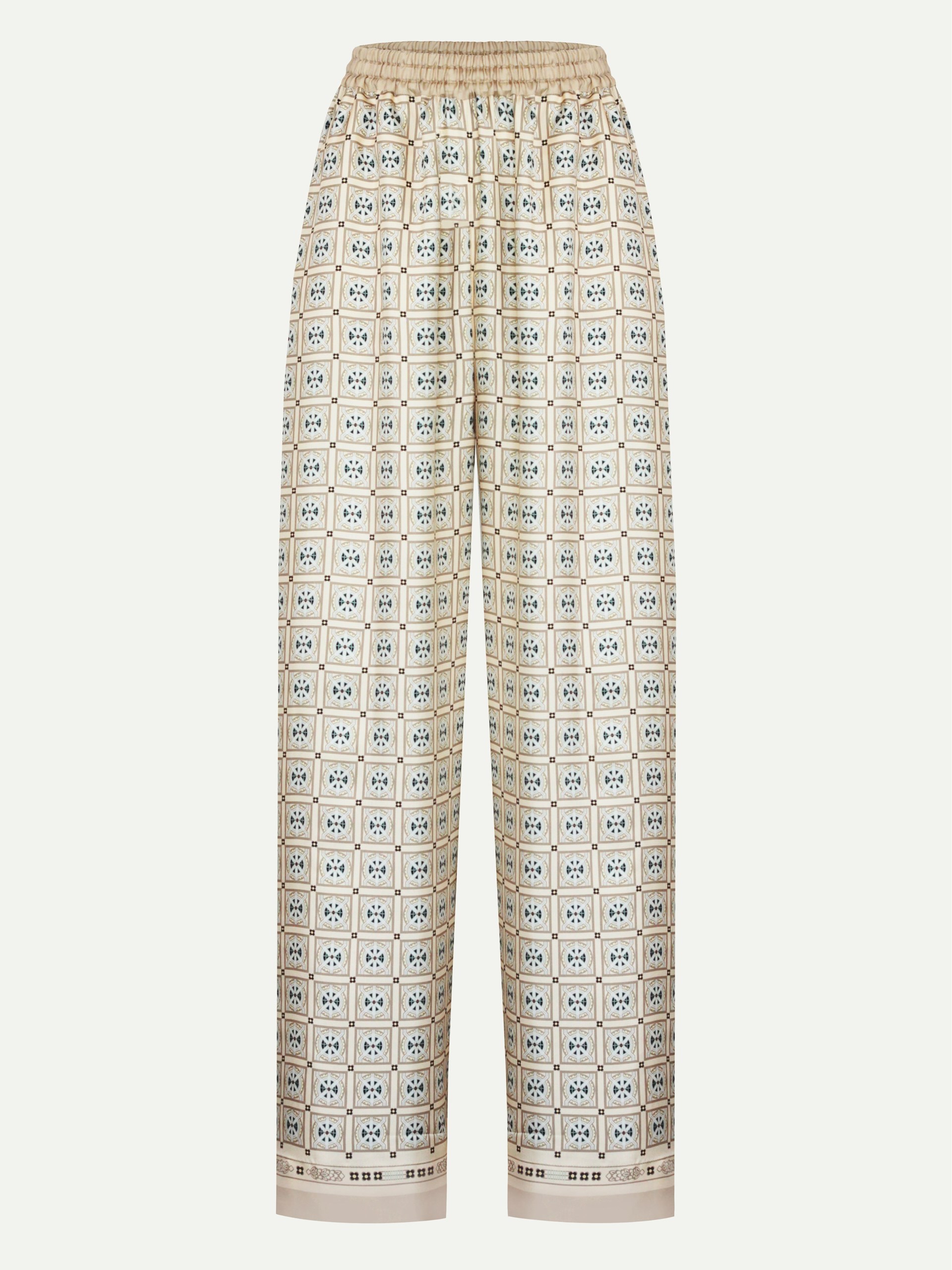 Beige silk suit set Park Avenue Atelier with designer print